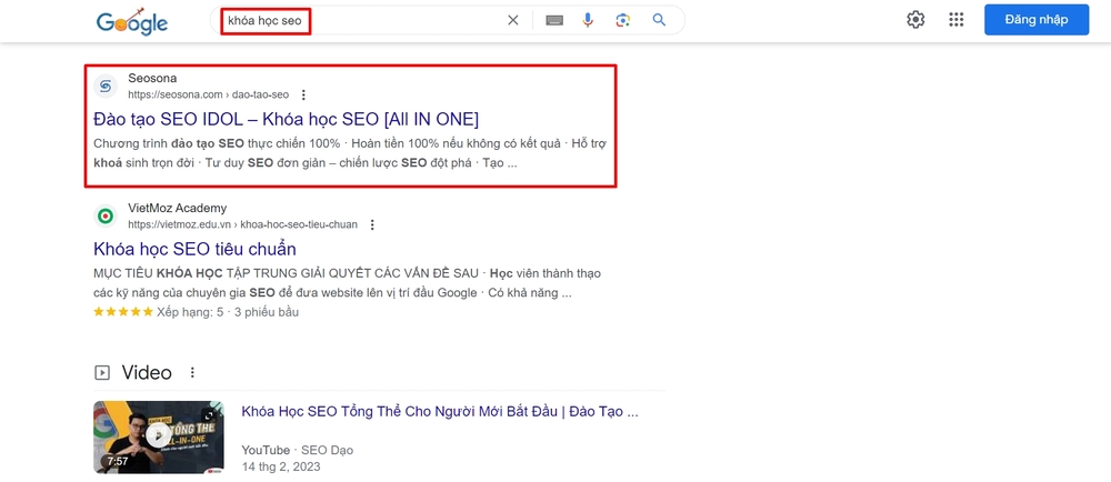Google trả về kết quả từ khóa "khóa học seo"