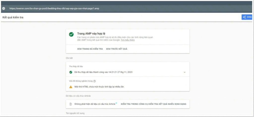 Trang web AMP sau khi Test trang sẽ trả lại kết quả màu xanh lá.