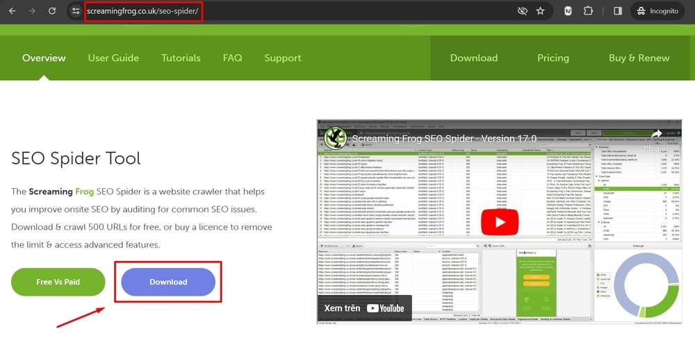Truy cập vào trang chủ Screaming Frog và tải phần mềm về máy tính