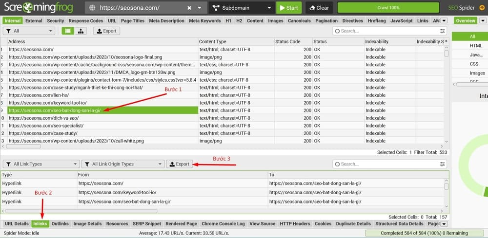 Chọn vào URL muốn kiểm tra, sau đó chọn tính năng inlink và xuất ra file excel