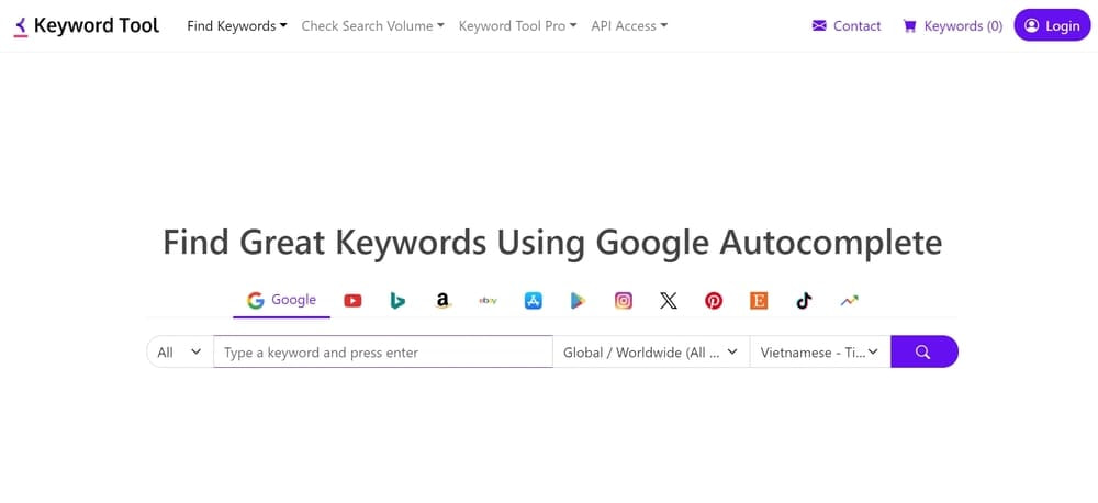 Đặng nhập vào trang chủ Keywordtool.io