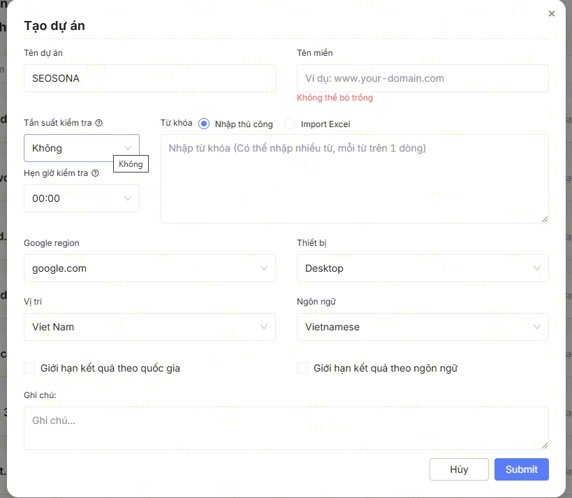 Nhập từ khóa và website vào SonaTools