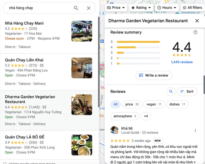ví dụ về reviews trên Google maps