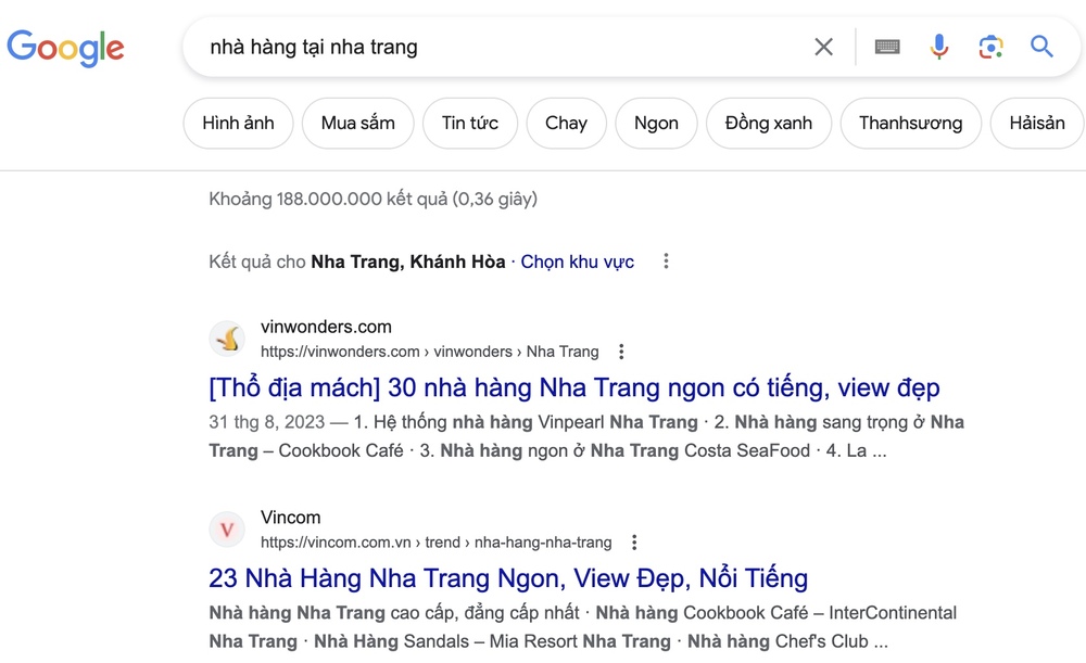 10 kết quả hiển thị dựa trên vị trí tìm kiếm