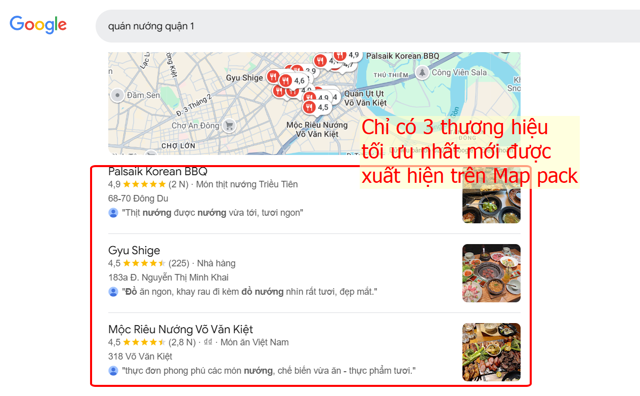 3 thương hiệu tối ưu nhất được hiển thị ở map pack