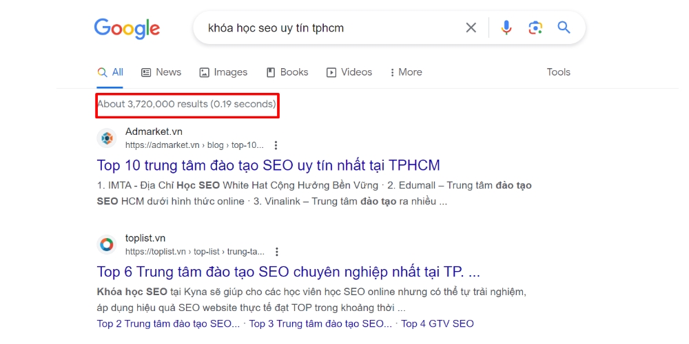 Số lượng kết quả trả về của từ khóa "Khóa học SEO uy tín tphcm"