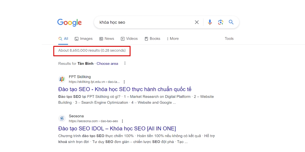 Số lượng kết quả trả về của từ khóa "Khóa học SEO"