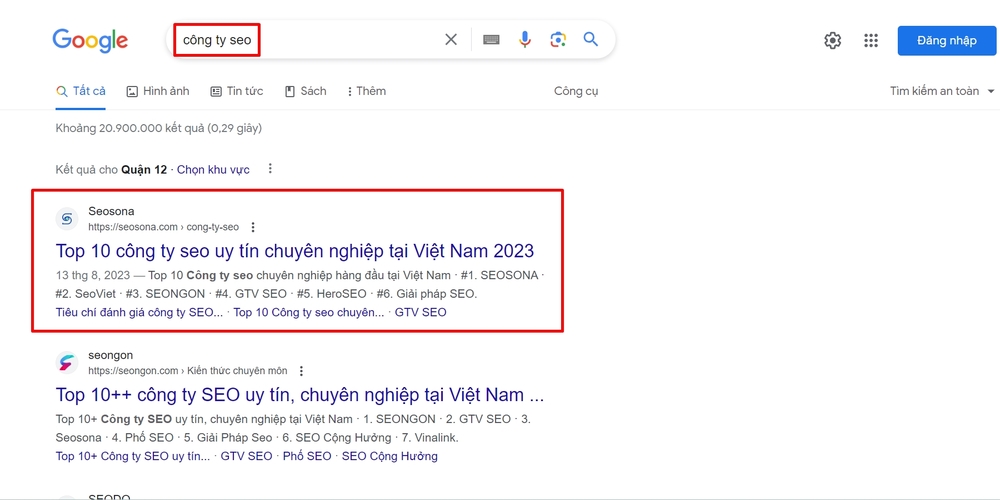 Seosona đang giữ TOP 1 từ khóa công ty seo trên Google