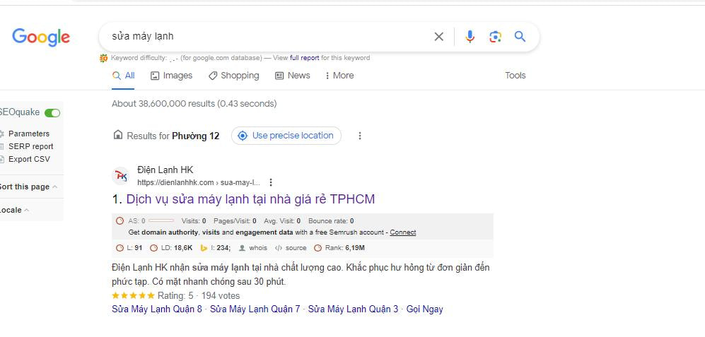 Ví dụ mình tìm kiếm nơi sửa máy lạnh