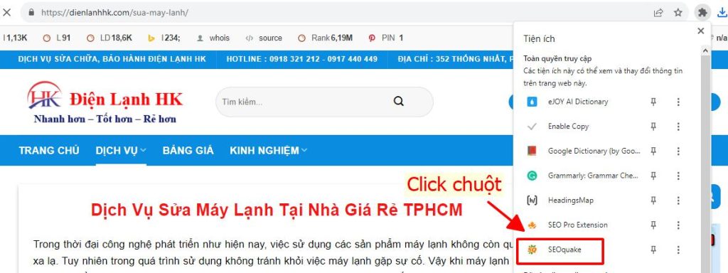 Bấm vào trang chọn tiện ích SEOquake