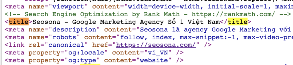 Ví dụ thẻ title trong mã nguồn trang web