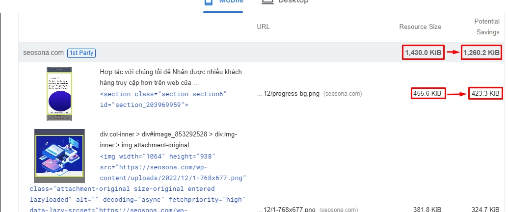 PageSpeed Insights đề xuất tối ưu và nén hình ảnh