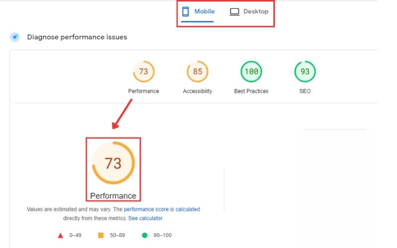 Kết quả phân tích website trên PageSpeed Insights