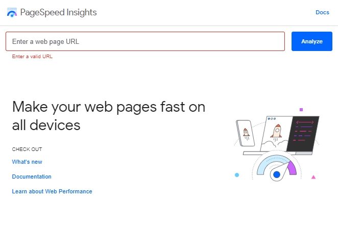 PageSpeed Insights: nhập URL website và chọn Analyze