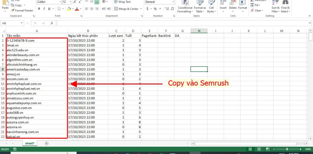 Copy domain vào Semrush