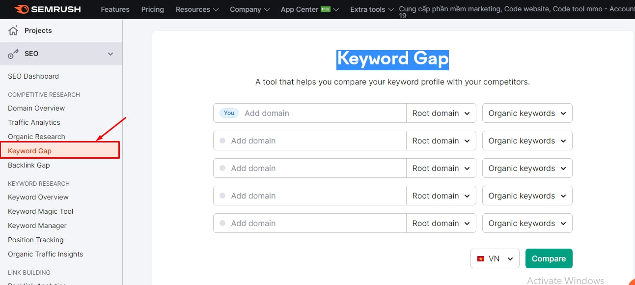 Semrush Keyword Gap dùng để so sánh từ khóa đối thủ