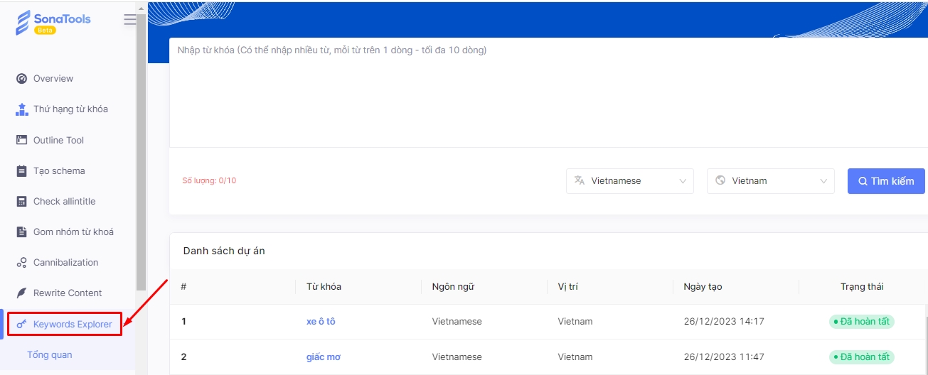 Sonatool Keyword Explorer dùng để nghiên cứu từ khóa