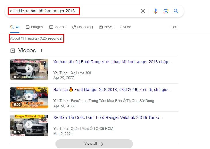 Kết quả tìm kiếm Allintitle trên Google
