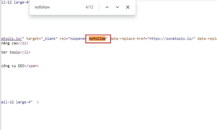 Tìm thuộc tính rel nofollow bằng Ctrl F