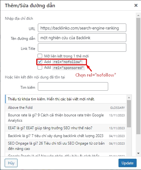 WordPress: chọn thuộc tính rel nofollow