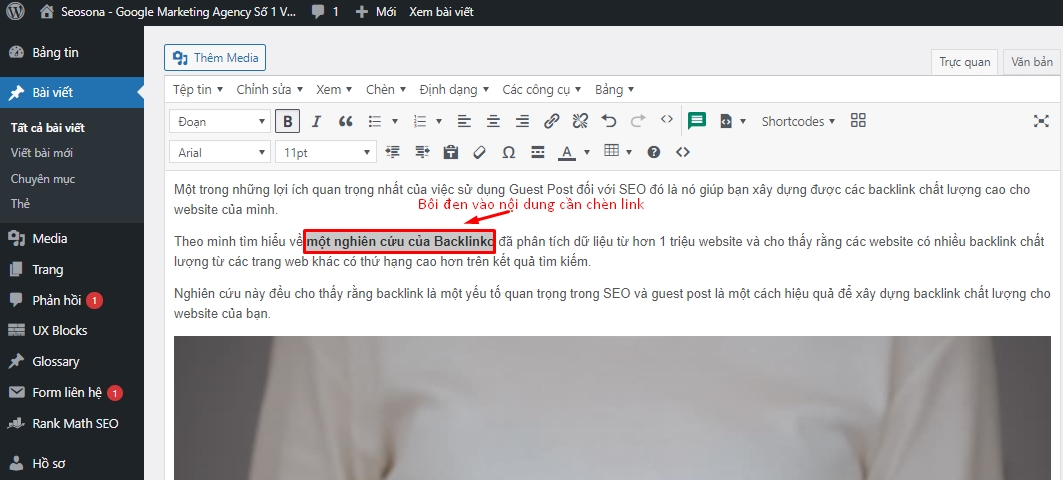 WordPress: mở trình soạn thảo để tạo liên kết