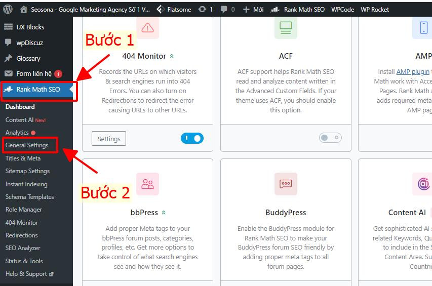 Chọn Rank math SEO và click chuột General Sittings