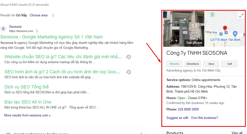 Kết quả tìm kiếm Schema Organization của SEOSONA