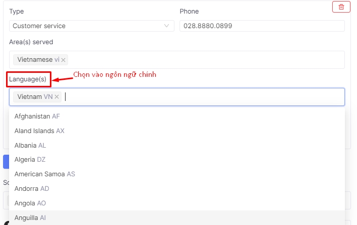 Chọn khu vực cung cấp dịch vụ cho Schema Organization