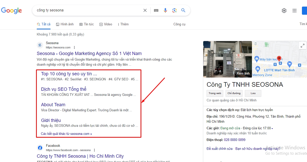 Ví dụ Sitelink Markup trong kết quả tìm kiếm