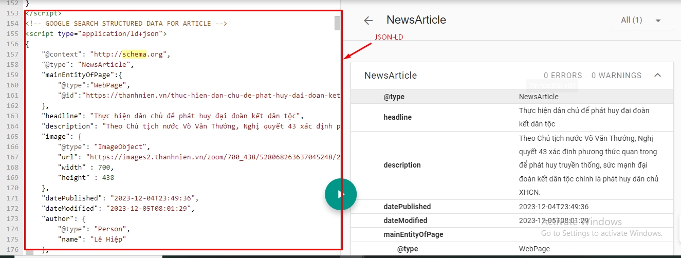 Ví dụ Schema Article của bài báo Thanh Niên