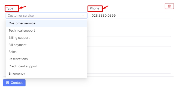 Nhập thông tin Contact cho Schema Organization