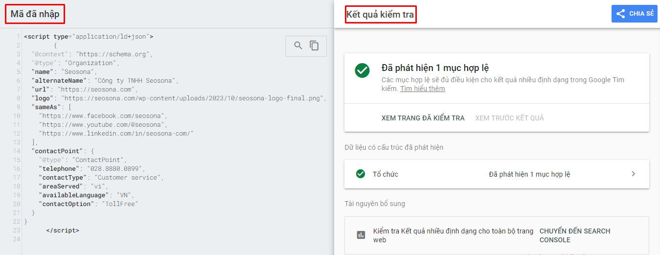 Kết quả kiểm tra Schema bằng Rich Results Test