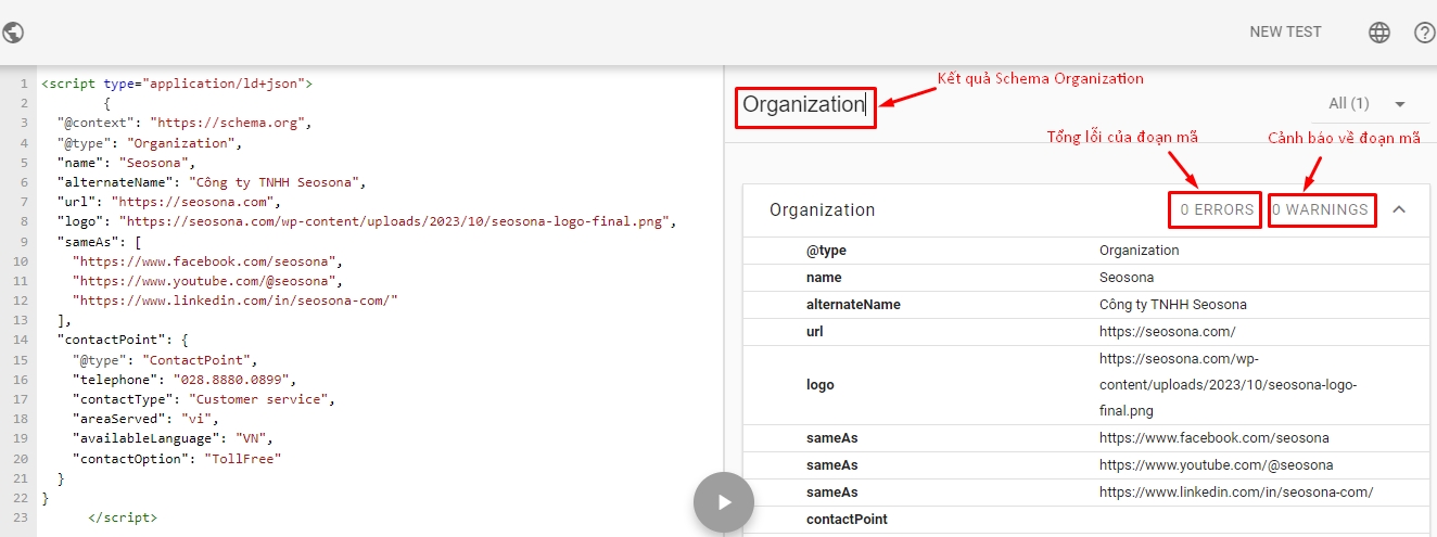 Kết quả kiểm tra bằng Schema Markup Validator