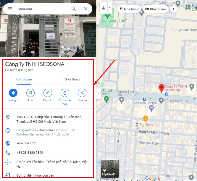 Ví dụ Schema Local Business của SEOSONA trên Google Maps