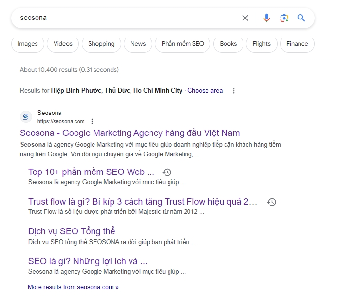 Ví dụ Schema Markup của SEOSONA trên Google
