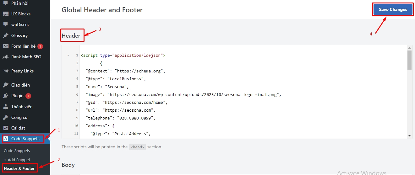 Chèn mã Schema vào Header WordPress