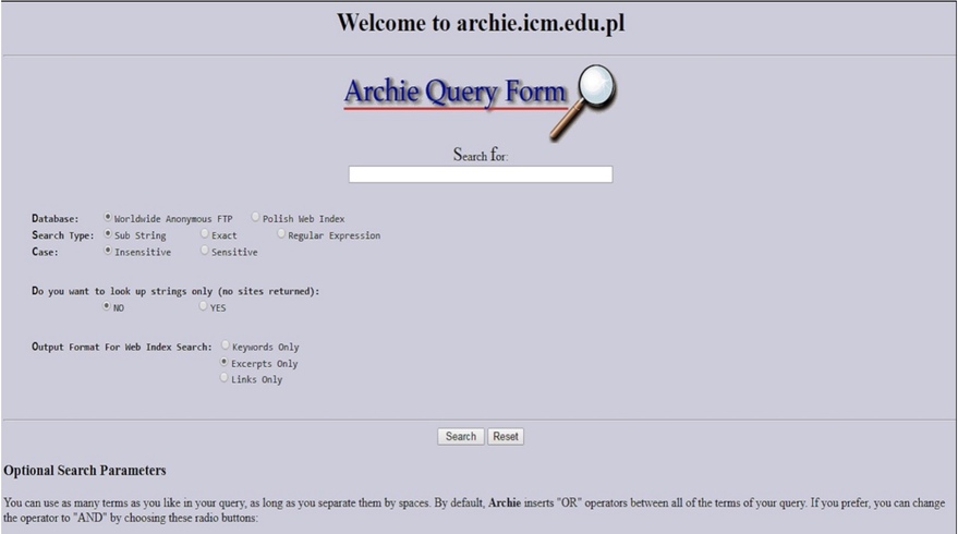 giao diện search engine archie query