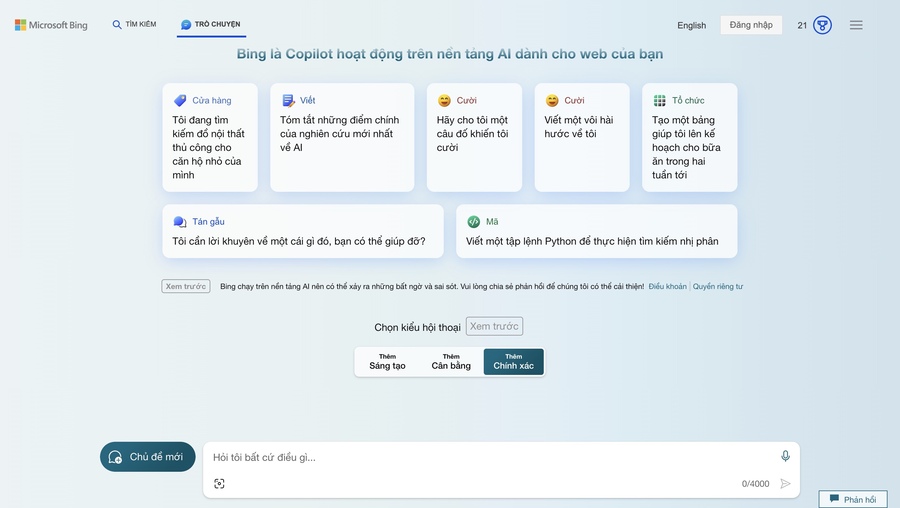 giao diện bing ai chat