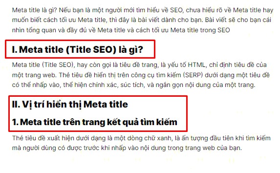 Ví dụ cấu trúc Heading trong bài viết SEO