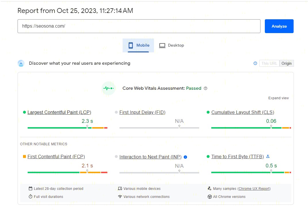 Kết quả PageSpeed Insights trên thiết bị mobile