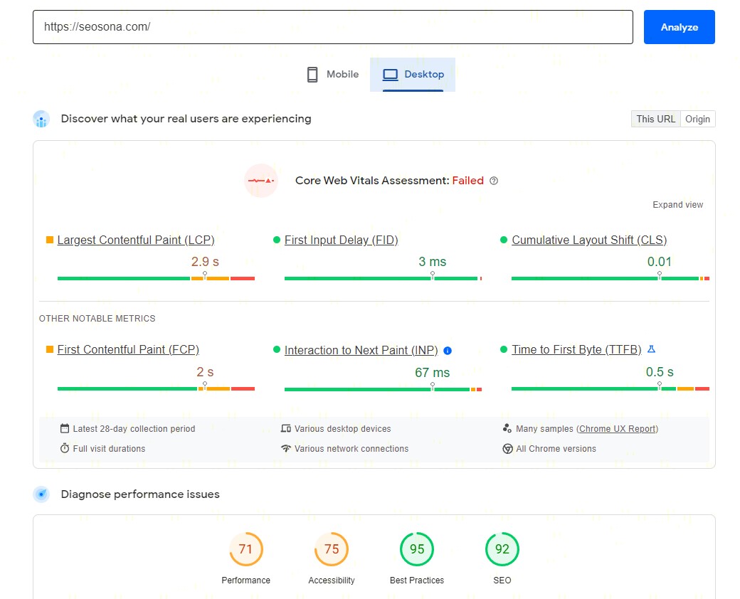 Kết quả PageSpeed Insights trên máy tính desktop