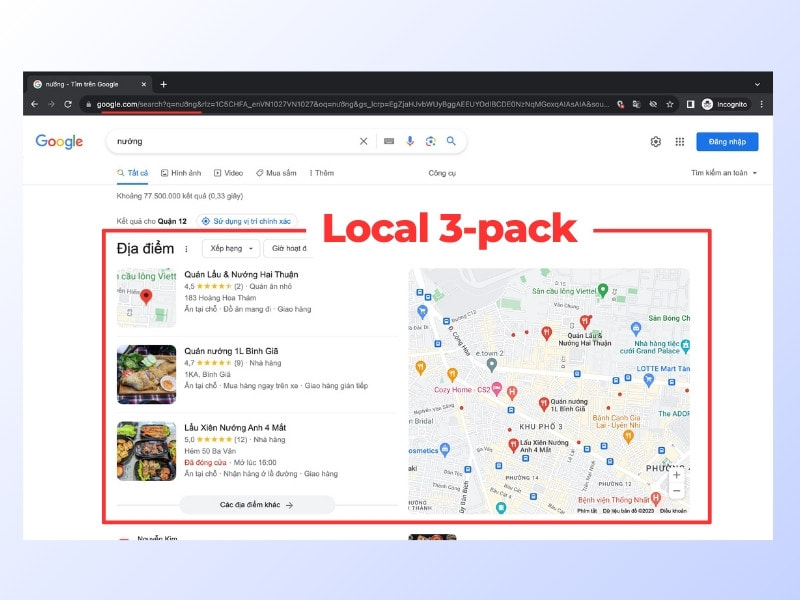 Local 3-Pack hiển thị ba doanh nghiệp trên Google Maps