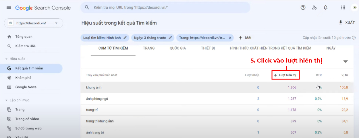 Chọn chỉ số Lượt hiển thị trong Google Search Console