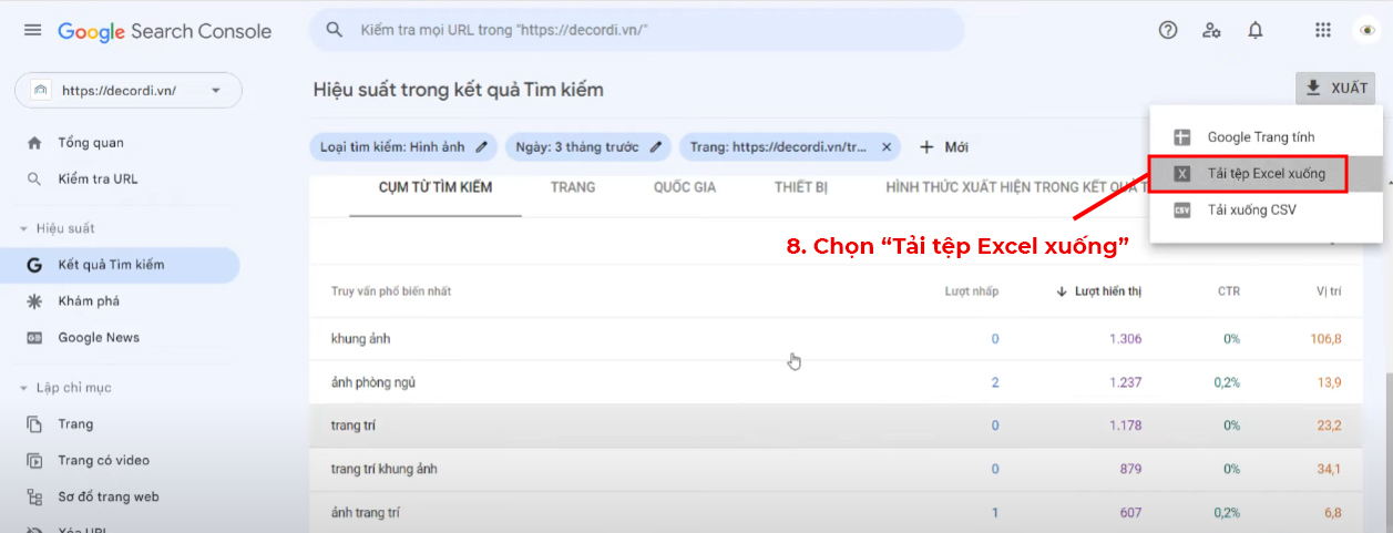 Chọn định dạng Excel khi xuất dữ liệu