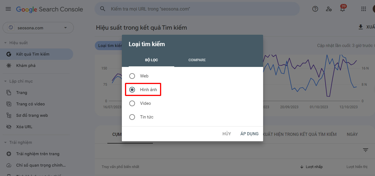Chọn dữ liệu hình ảnh trong Google Search Console