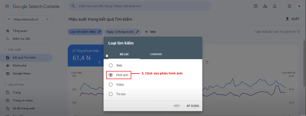 Chọn bộ lọc Hình ảnh trong Google Search Console