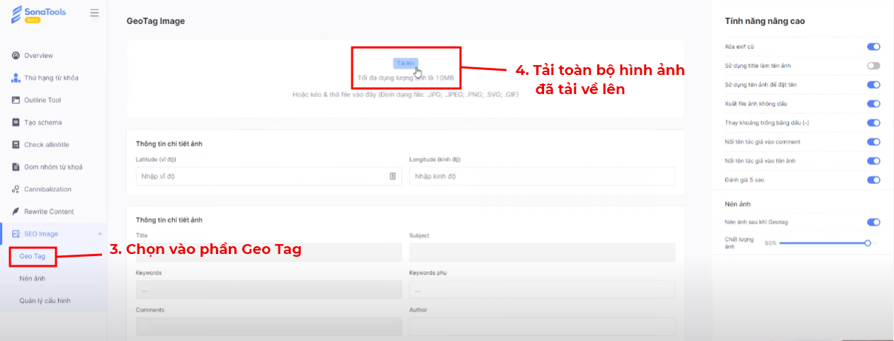 Chọn tính năng SEO Image và Geo Tag trong SonaTools