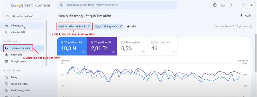 Giao diện Google Search Console để bắt đầu tối ưu ảnh