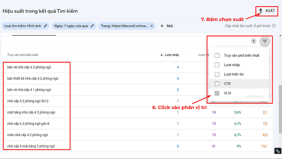 Chọn vị trí và xuất dữ liệu từ Google Search Console