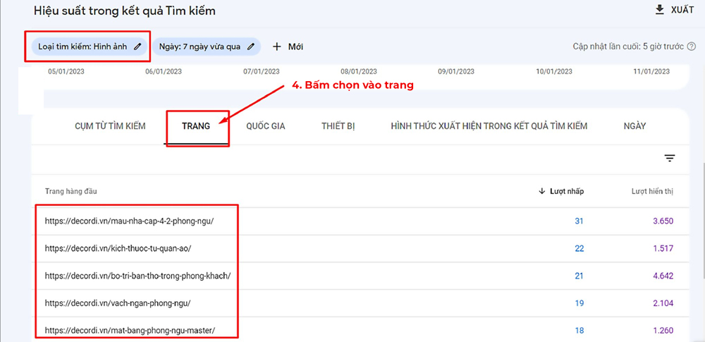 Chọn mục Trang trong Google Search Console